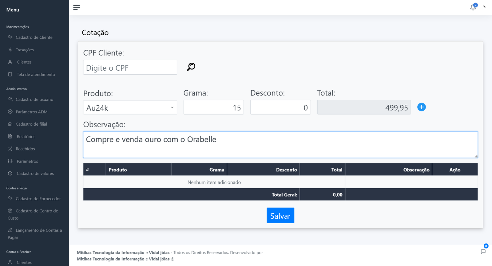 Cotação no Orabelle